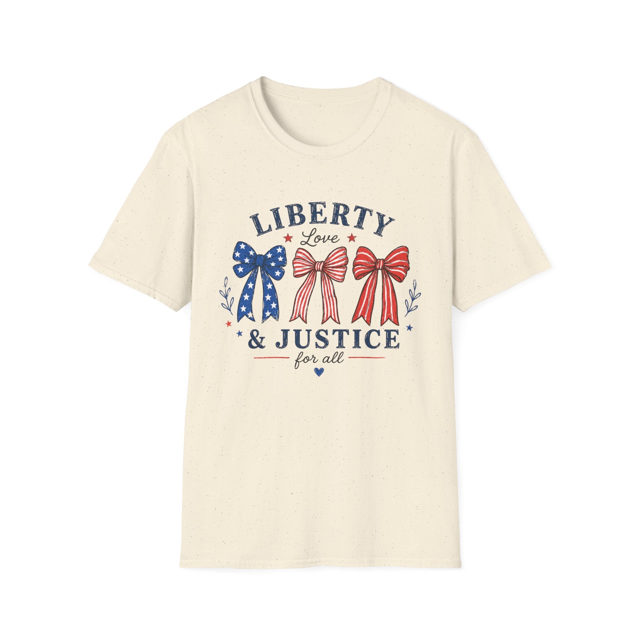 Liberty Love Justice Tee, Patriotic Bows USA Shirt, Red White Blue Graphic Top, American Pride Fourth of July Outfit T-Shirt