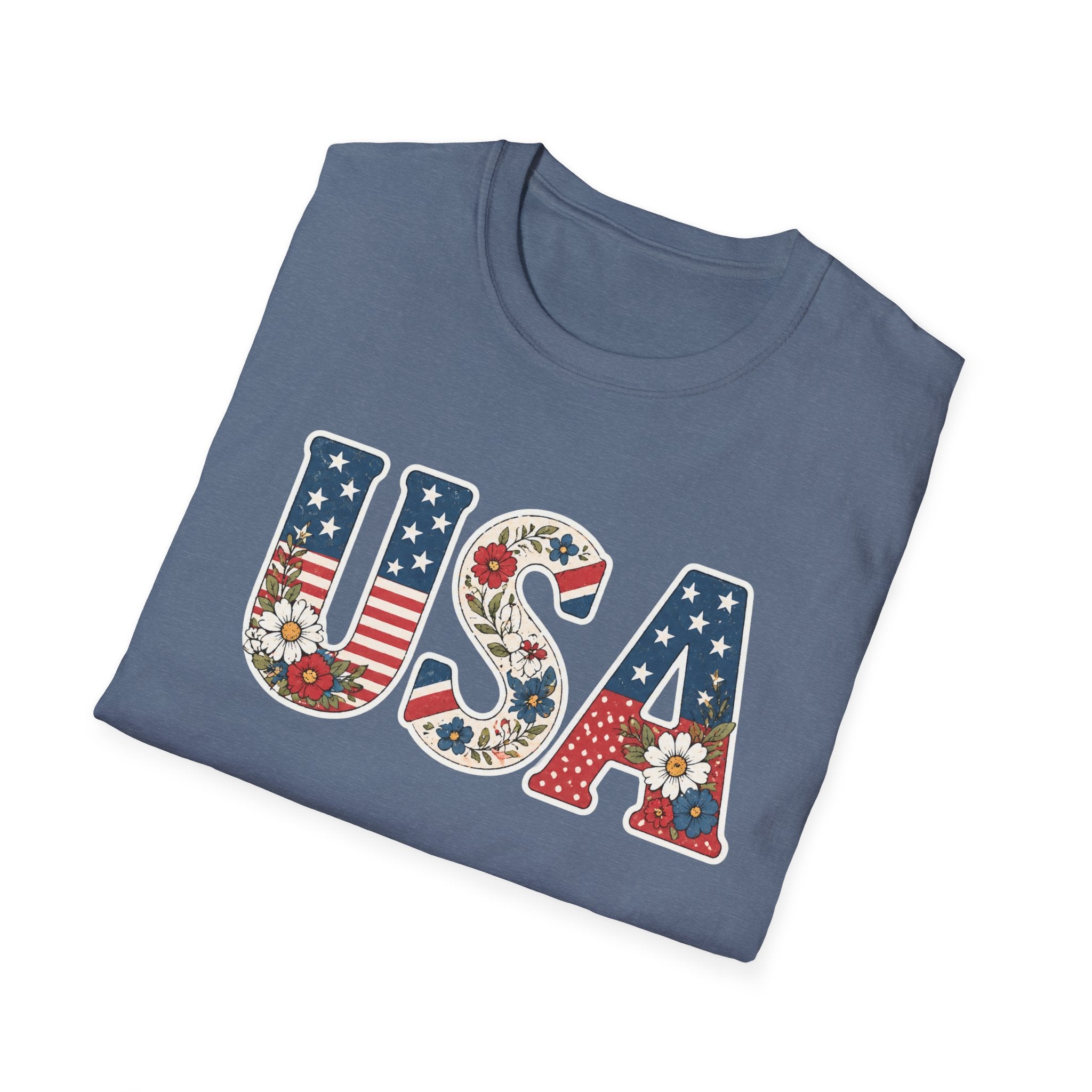 USA Patriotic Floral T-Shirt | American Flag Block Lettering Graphic Tee, Fourth Of July Vintage Cottagecore Top