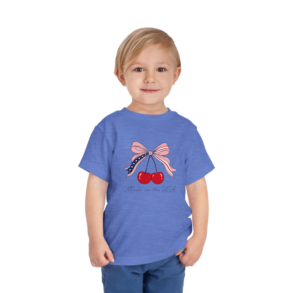 Made in the USA Cherry Tee, Patriotic Red White Blue Shirt, Cute Bow Fruit Graphic Top, Fourth of July Summer Outfit Toddler Short Sleeve Tee