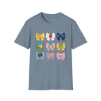 Teacher-themed Bow T-Shirt — Cute School Supply Bows (Apple, A+, Books, Backpack)