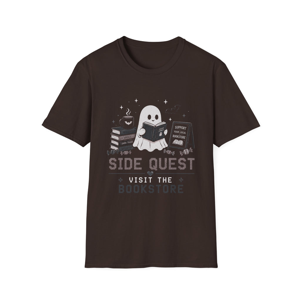 Ghost Reader T-Shirt — "Side Quest: Visit the Bookstore" Cute Halloween Book Lover Tee