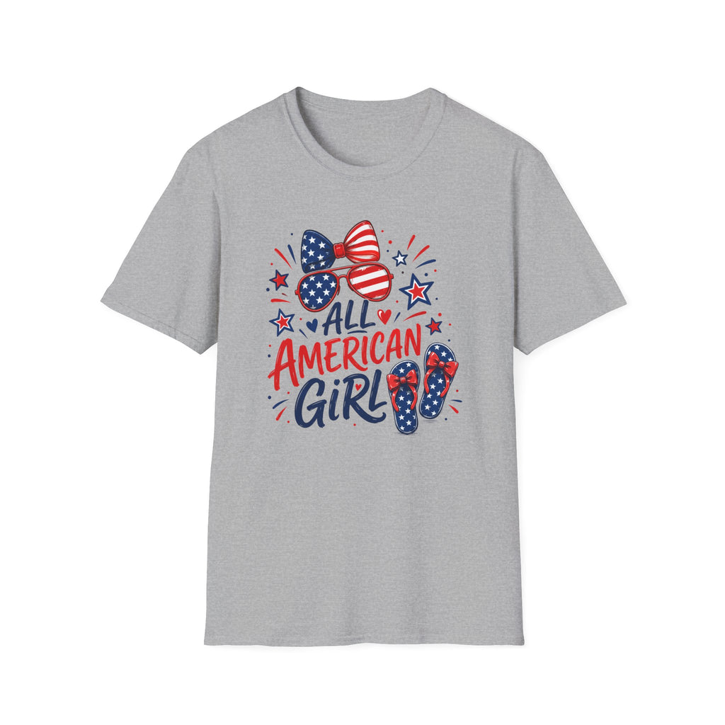 All American Girl Tee, Patriotic Bow Flip Flops Shirt, Red White Blue Graphic Top, Cute USA Fourth of July Outfit T-Shirt