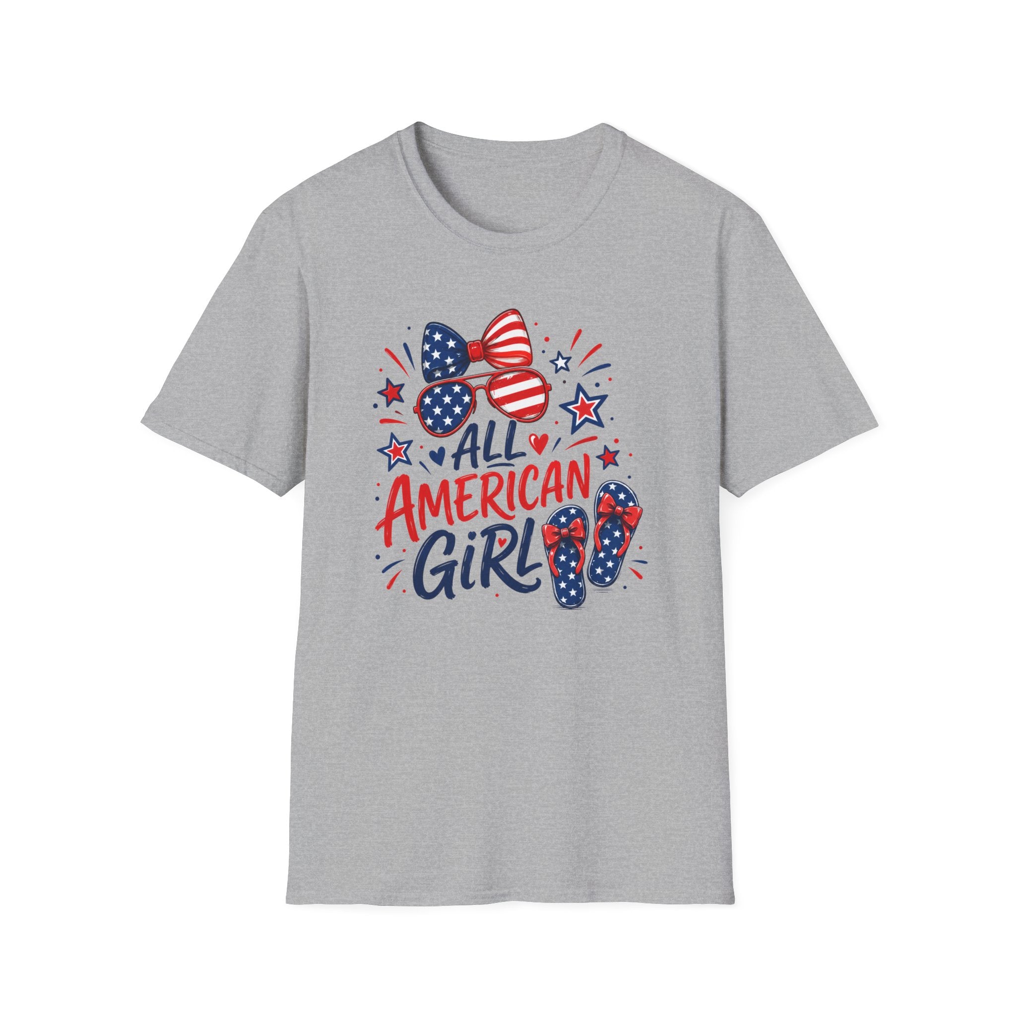 All American Girl Tee, Patriotic Bow Flip Flops Shirt, Red White Blue Graphic Top, Cute USA Fourth of July Outfit T-Shirt