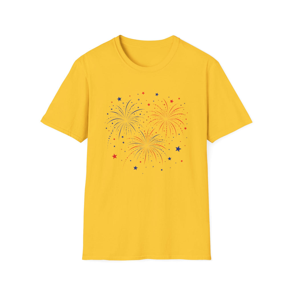 Minimalist Patriotic Fireworks T-Shirt | Fourth Of July American Flag Colors Graphic Tee, Red White Blue Stars Top