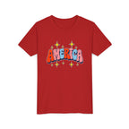 America Bubble Letters Tee, Patriotic Red Blue Graphic Shirt, Cute USA Star Design Top, Fourth of July Celebration Outfit Youth Short Sleeve Tee