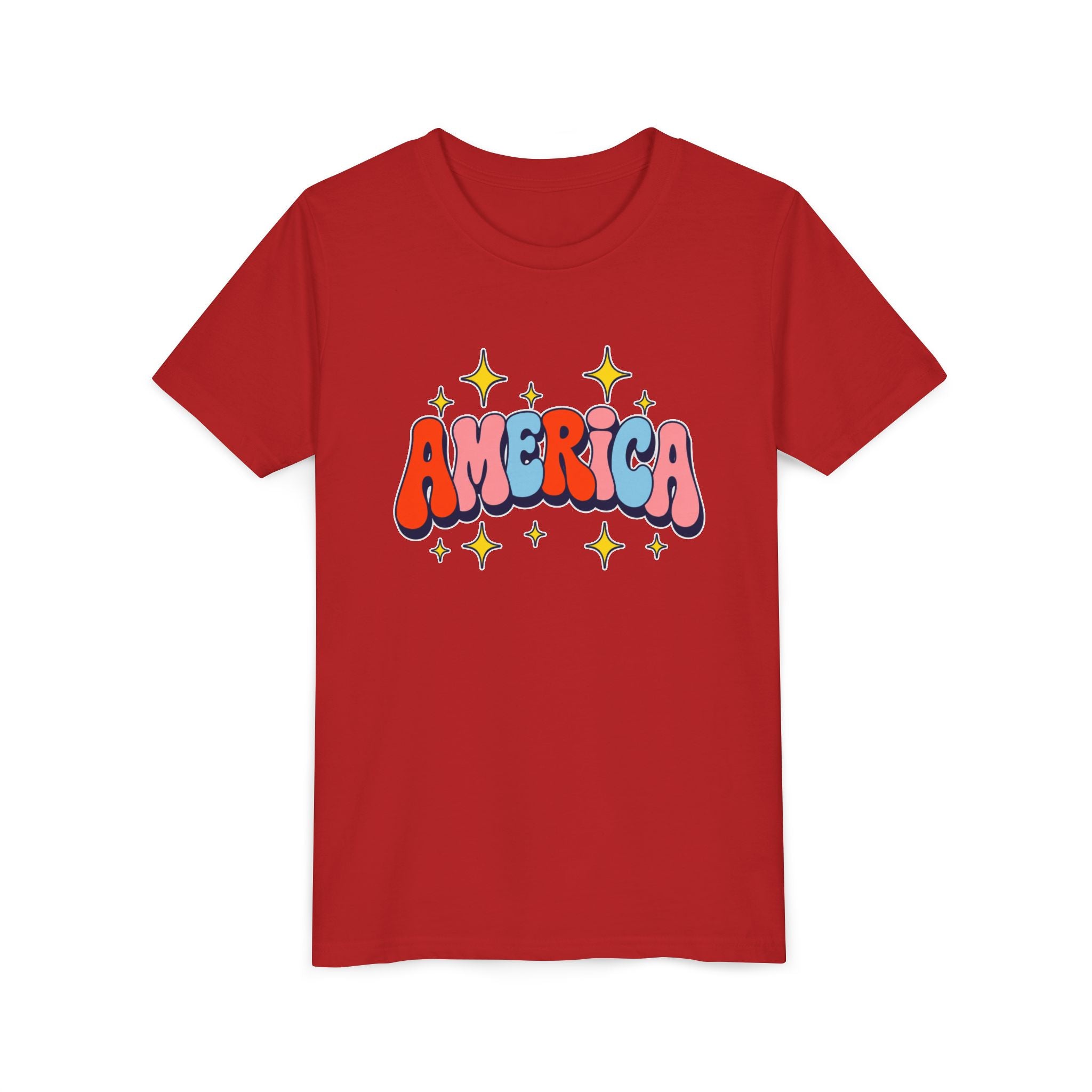America Bubble Letters Tee, Patriotic Red Blue Graphic Shirt, Cute USA Star Design Top, Fourth of July Celebration Outfit Youth Short Sleeve Tee