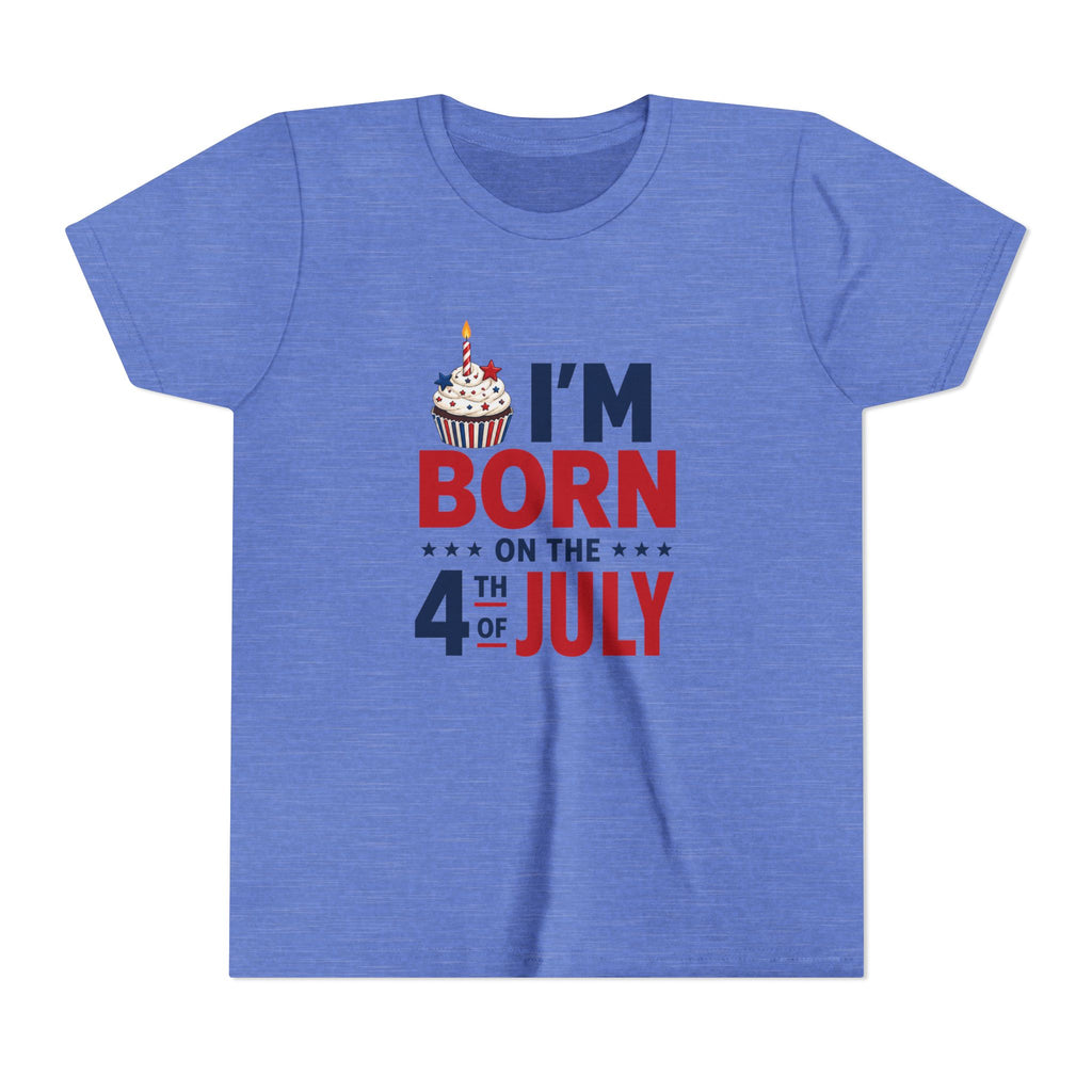 Born on the 4th of July Tee, Patriotic Birthday USA Shirt, Red White Blue Cupcake Graphic Top, Independence Day Celebration Outfit Youth Short Sleeve Tee