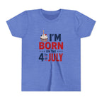 Born on the 4th of July Tee, Patriotic Birthday USA Shirt, Red White Blue Cupcake Graphic Top, Independence Day Celebration Outfit Youth Short Sleeve Tee