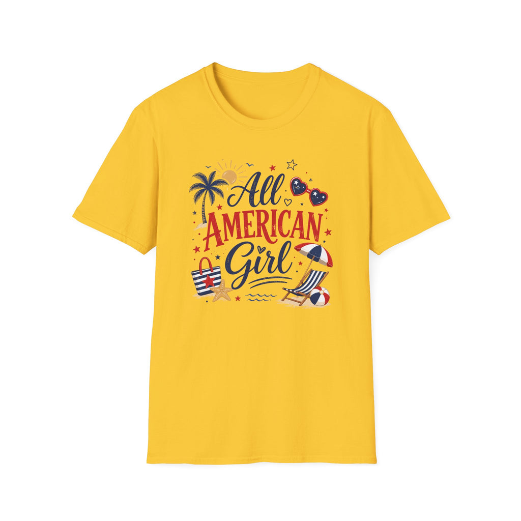 All American Girl Graphic Tee - Patriotic 4th of July Summer Beach T-Shirt