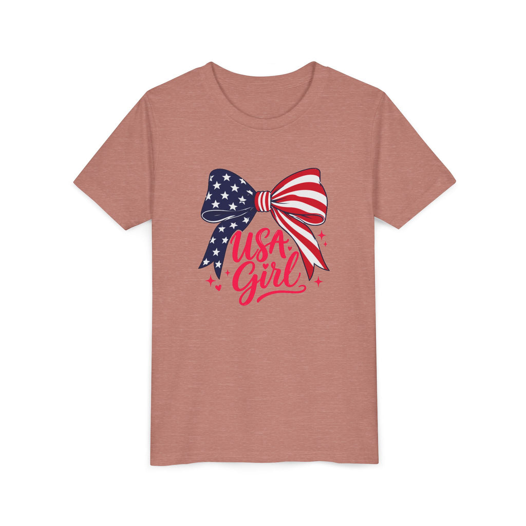 USA Girl Bow Tee, Patriotic Red White Blue Shirt, Cute American Pride Graphic Top, Fourth of July Celebration Outfit Youth Short Sleeve Tee