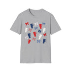 Patriotic Coffee Lover T-Shirt, Americana Bow Graphic Tee, Fourth of July Iced Drink Shirt, Cute Summer Cafe Apparel, Coquette USA Outfit