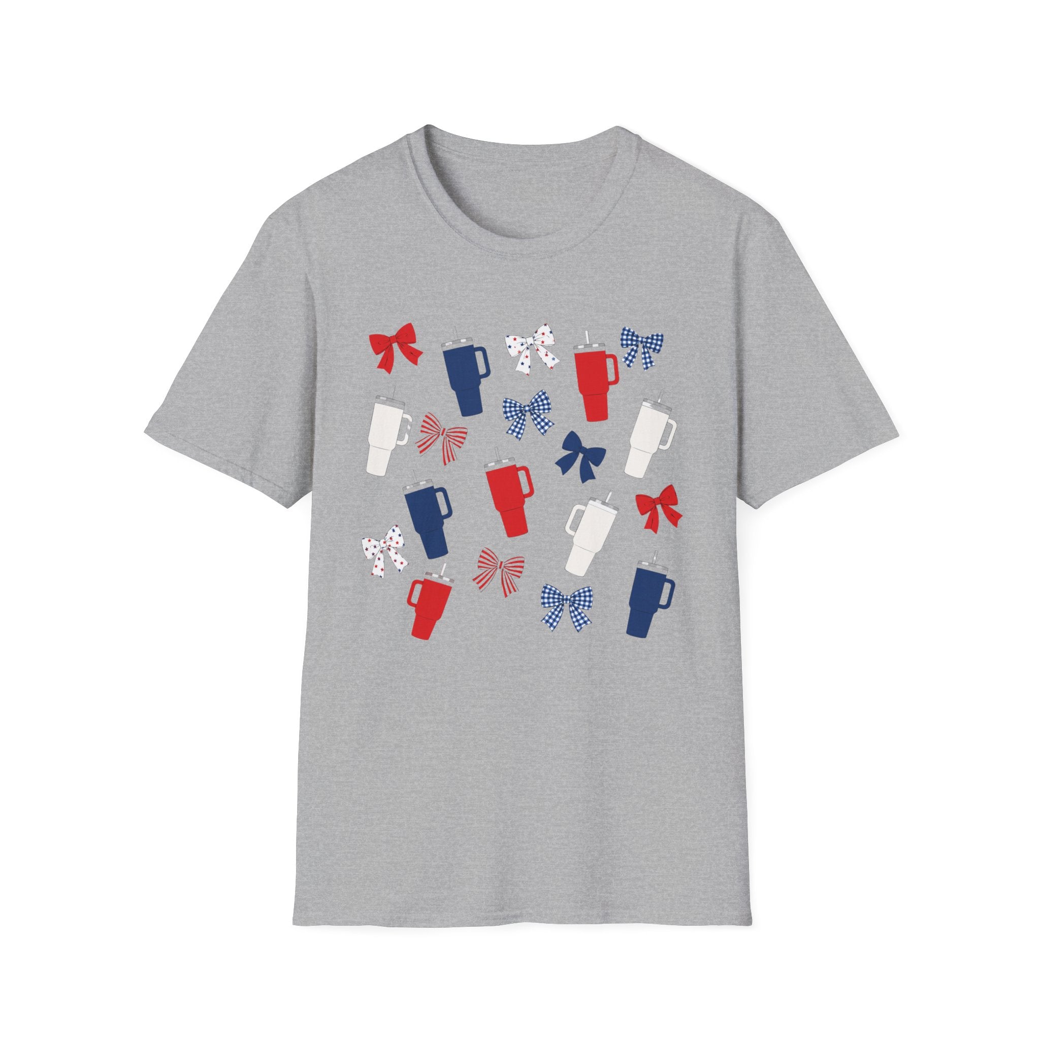 Patriotic Coffee Lover T-Shirt, Americana Bow Graphic Tee, Fourth of July Iced Drink Shirt, Cute Summer Cafe Apparel, Coquette USA Outfit