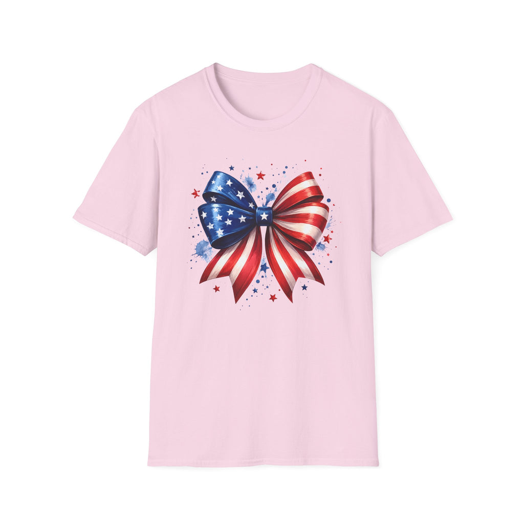 Watercolor American Flag Bow 4th of July Graphic Tee Stars Stripes - Patriotic Coquette T-Shirt