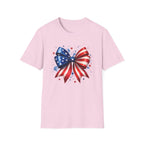 Watercolor American Flag Bow 4th of July Graphic Tee Stars Stripes - Patriotic Coquette T-Shirt