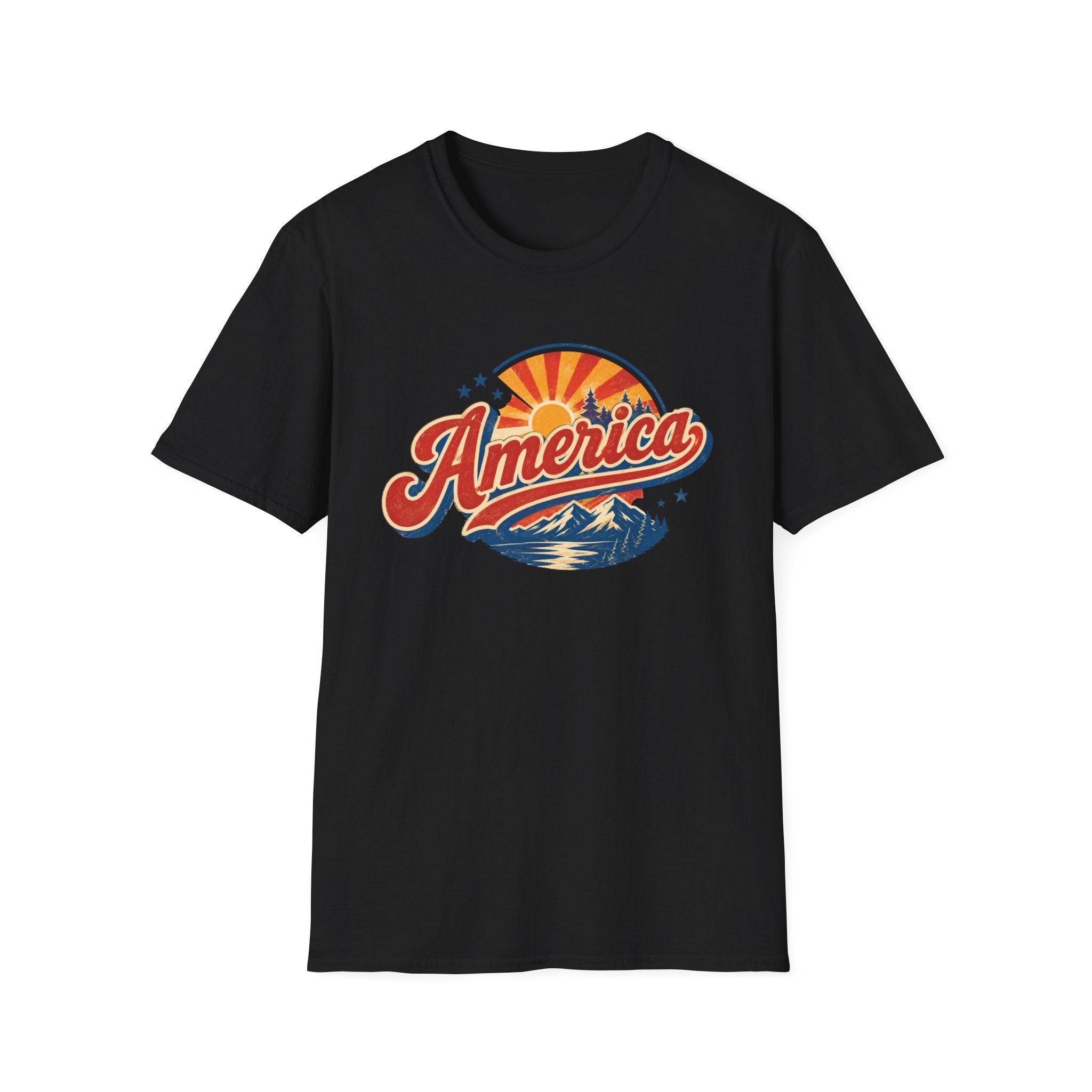 Retro America Shirt 4th of July Vintage Mountain Graphic Tee Sunset Landscape Fourth July Patriotic Stars Nature Lover