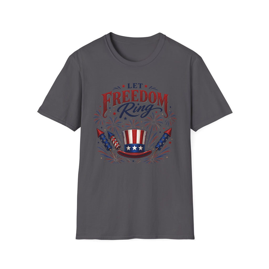 Let Freedom Ring T-Shirt | Patriotic Uncle Sam Hat Graphic Tee, Fourth Of July Charcoal Fireworks Top