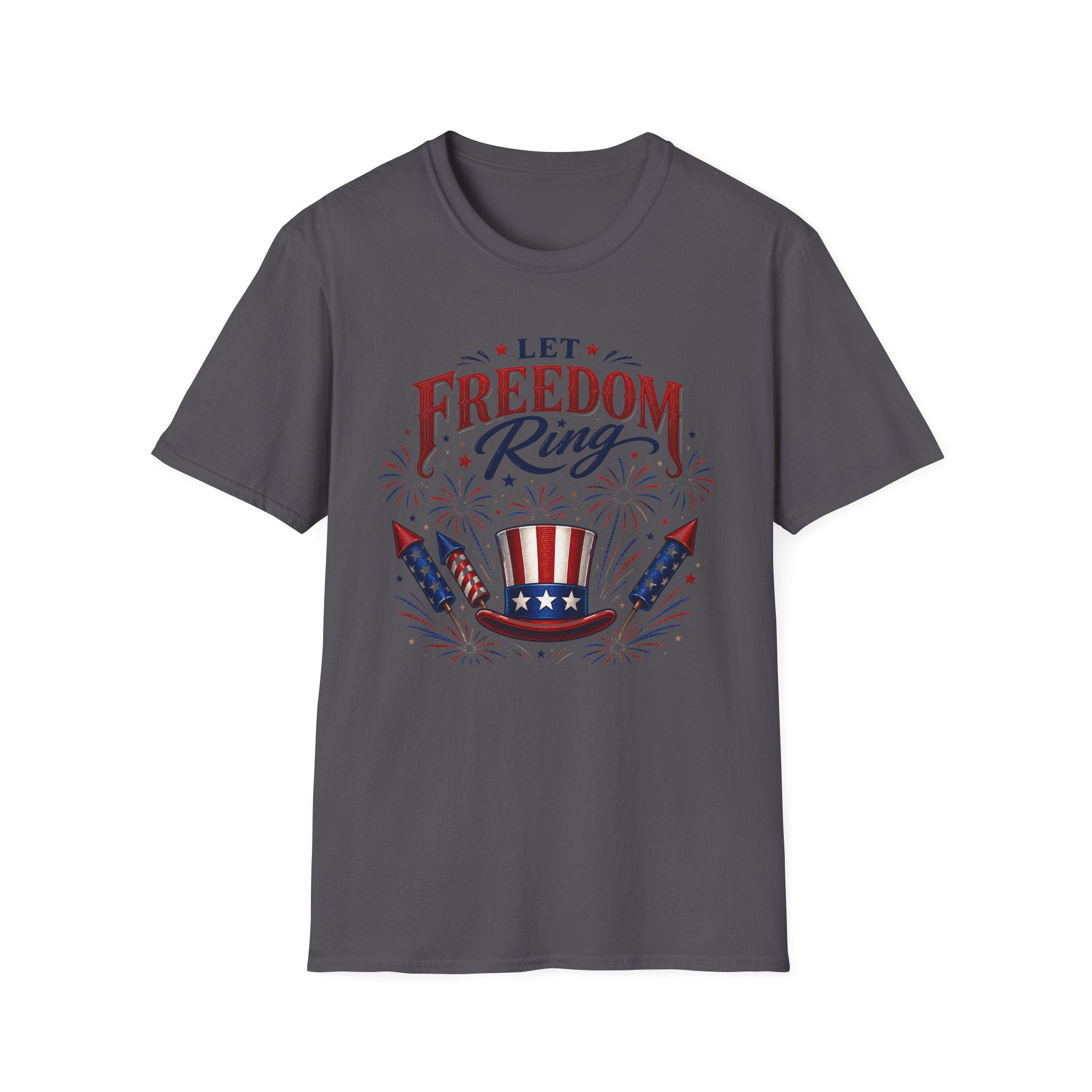Let Freedom Ring T-Shirt | Patriotic Uncle Sam Hat Graphic Tee, Fourth Of July Charcoal Fireworks Top
