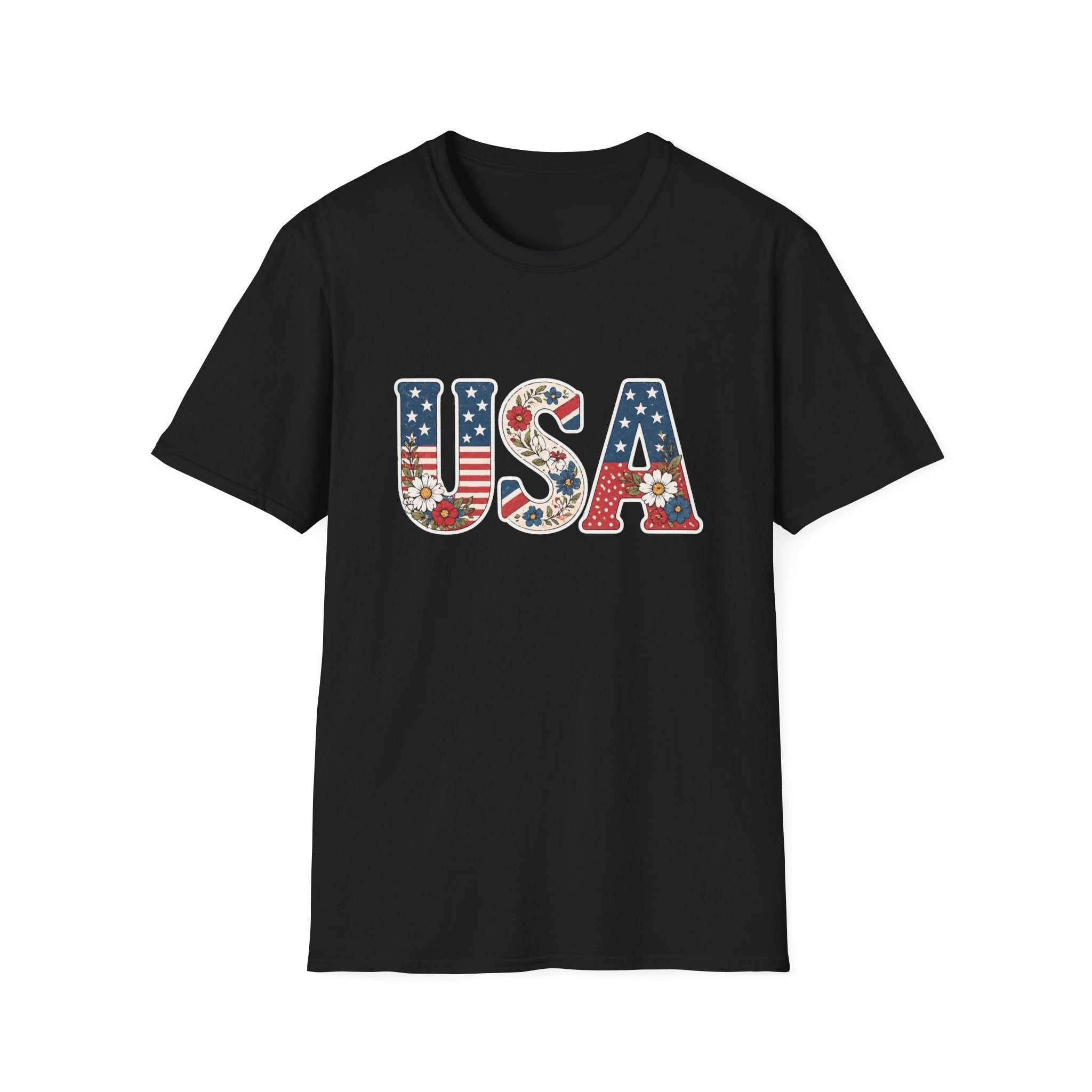 Floral USA T-Shirt, Cottagecore Patriotic Flower Letter Tee, 4th of July Wildflower America Shirt, Stars Stripes Daisy Poppy Gift, Vintage Botanical