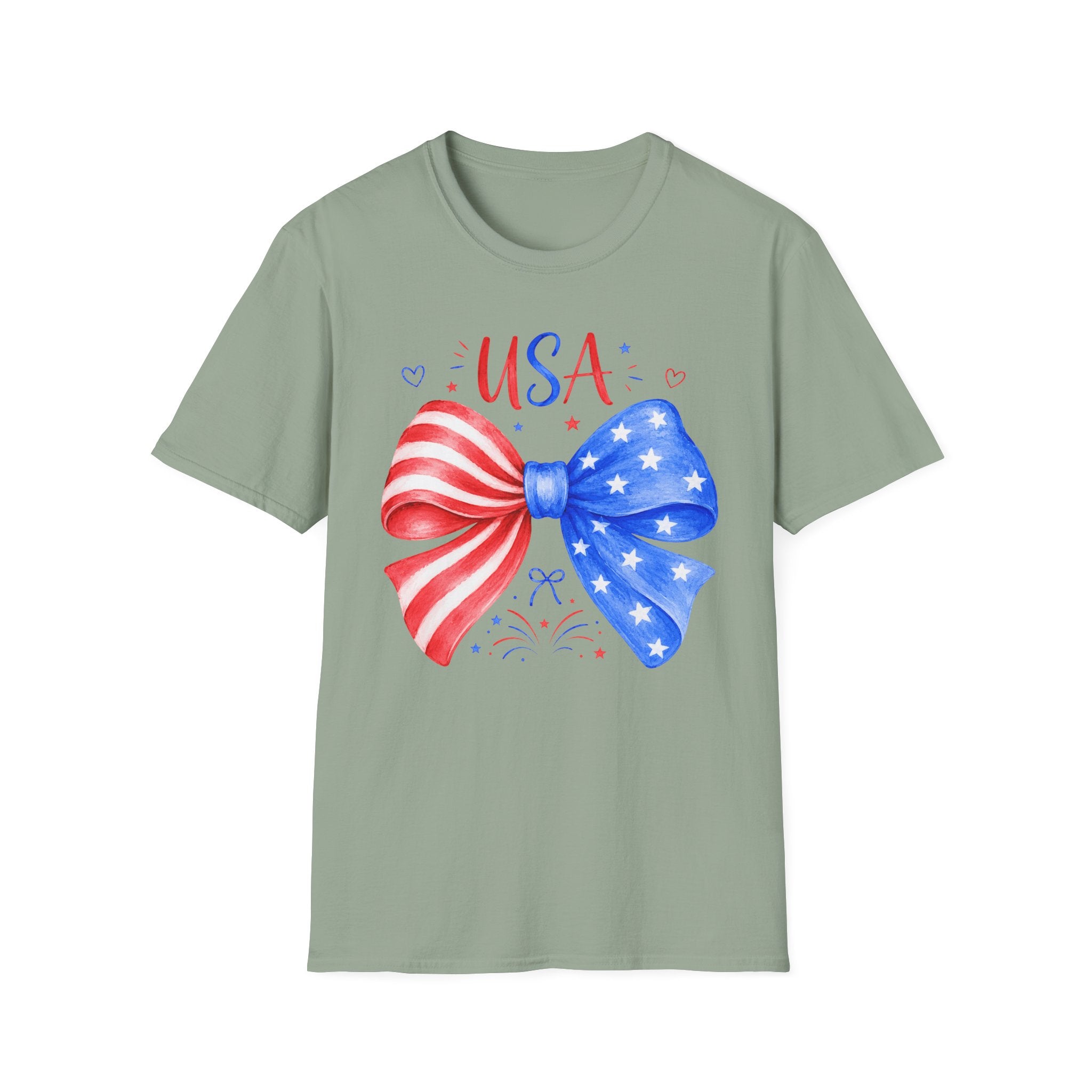 USA Patriotic Bow Tee, Red White Blue Fireworks Shirt, Cute American Pride Graphic Top, Fourth of July Celebration Outfit T-Shirt