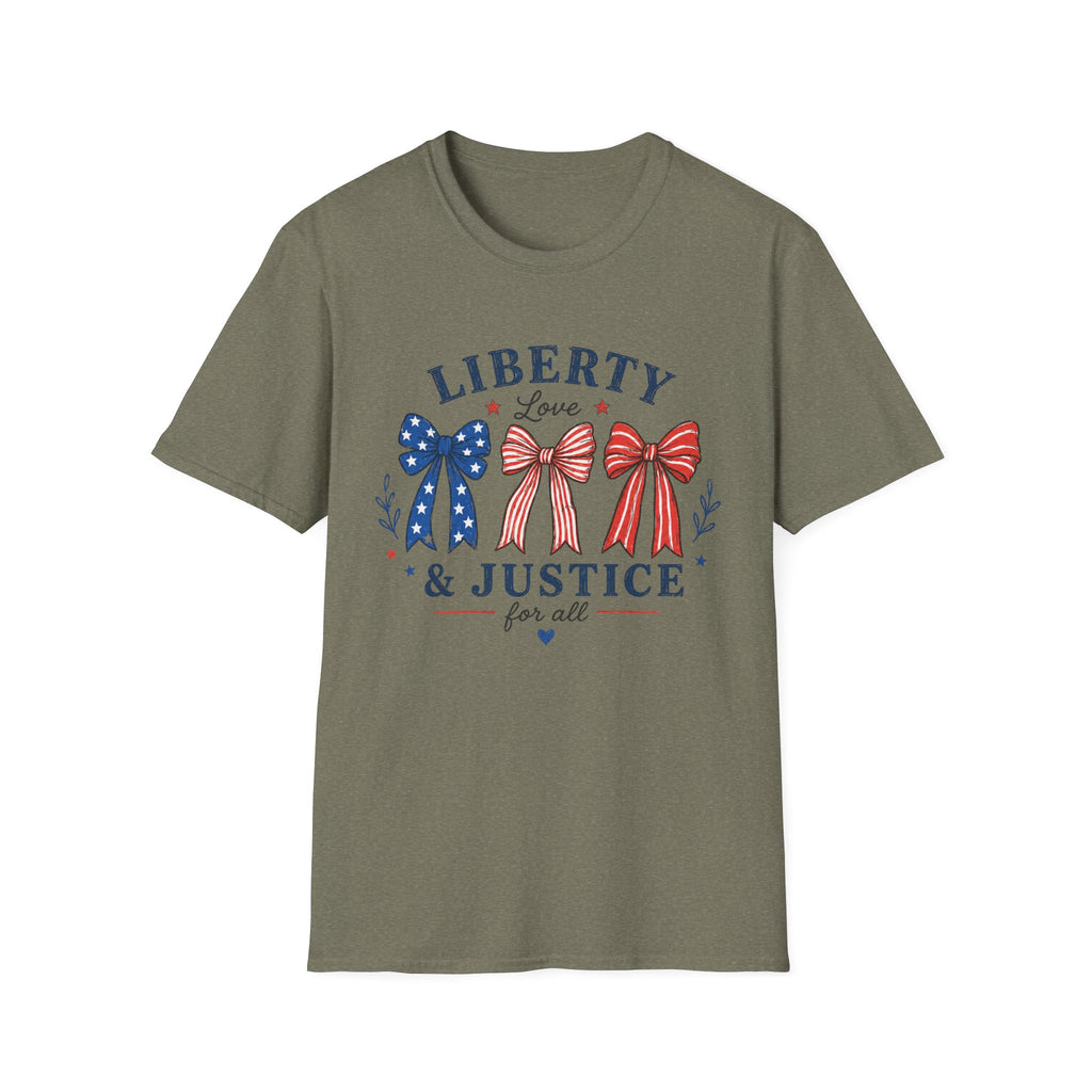 Liberty Love Justice Tee, Patriotic Bows USA Shirt, Red White Blue Graphic Top, American Pride Fourth of July Outfit T-Shirt