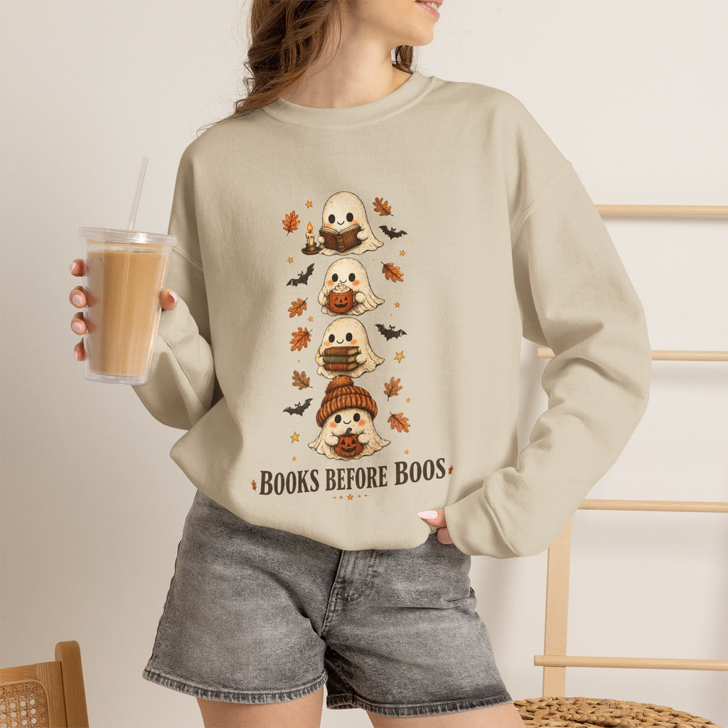 "Books Before Boos" Cute Halloween Ghost Stack Crewneck Sweatshirt