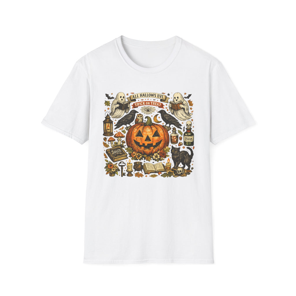 Halloween Pumpkin & Ghost Tee — "All Hallows Eve, Trick or Treat" Graphic T-Shirt