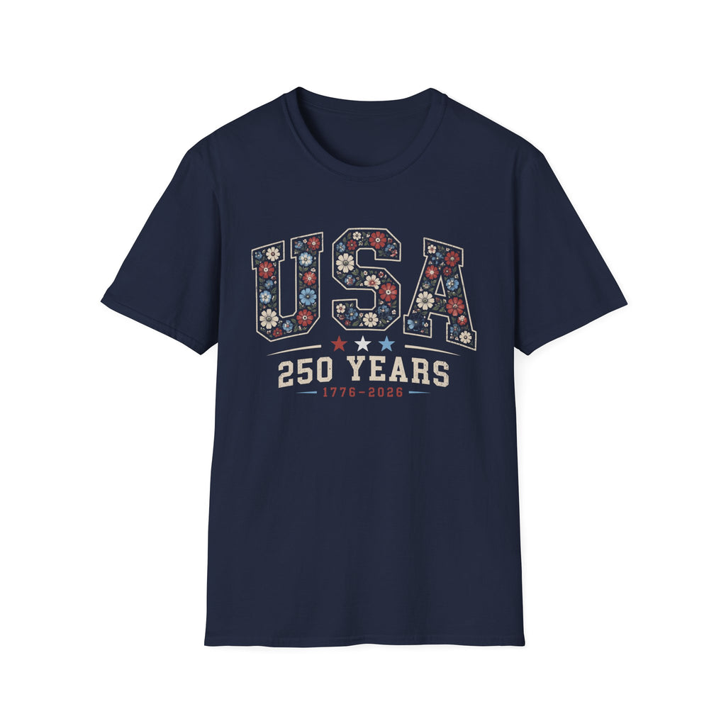 USA 250 Years T-Shirt | Semiquincentennial Patriotic Floral Graphic Tee, 1776 2026 Varsity Block Lettering Top