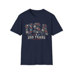 USA 250 Years T-Shirt | Semiquincentennial Patriotic Floral Graphic Tee, 1776 2026 Varsity Block Lettering Top