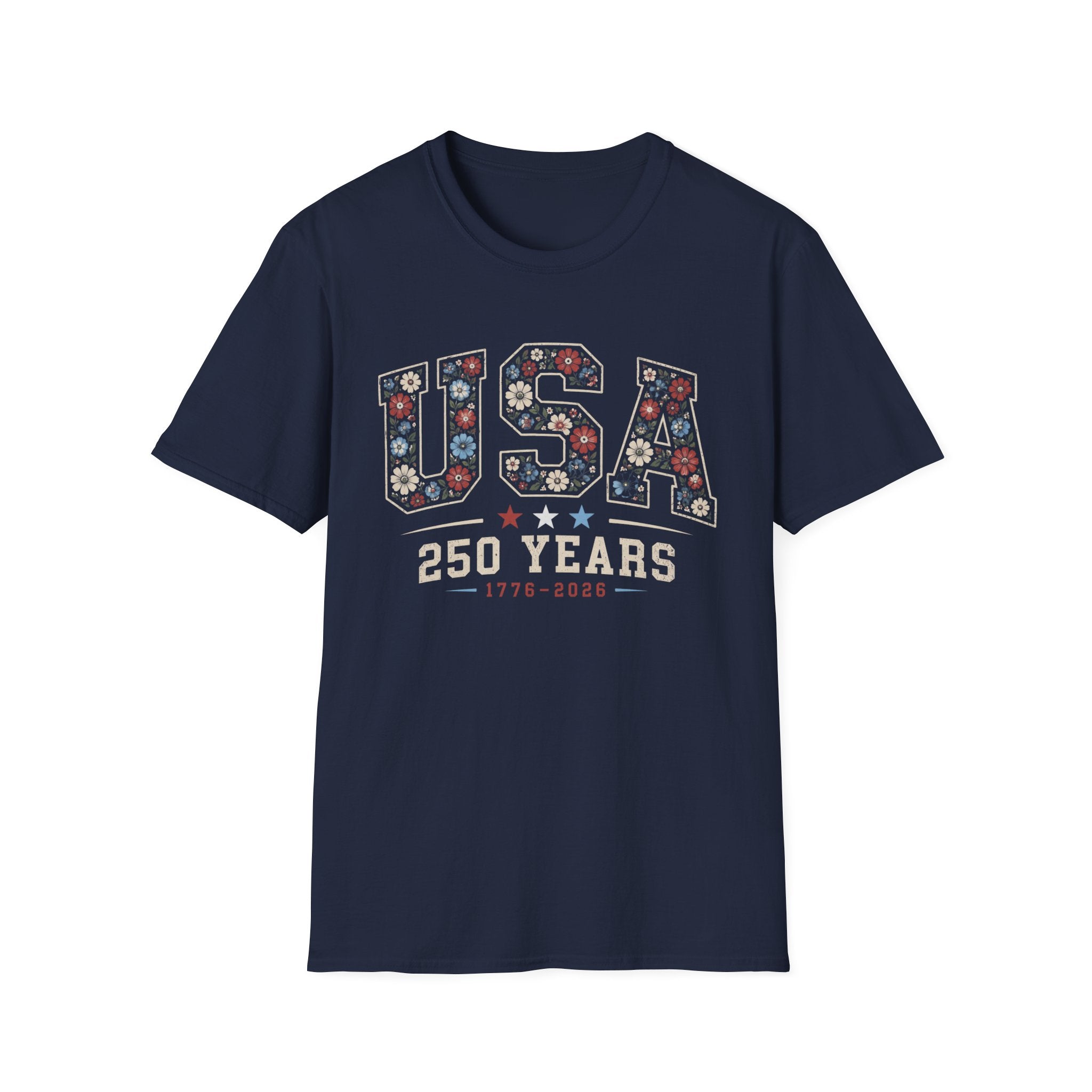 USA 250 Years T-Shirt | Semiquincentennial Patriotic Floral Graphic Tee, 1776 2026 Varsity Block Lettering Top