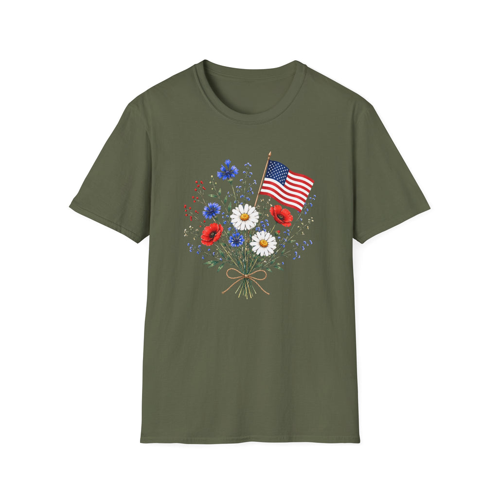 Patriotic Floral Bouquet Graphic Tee - 4th of July Wildflower T-Shirt