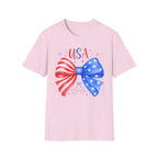 USA Patriotic Bow Tee, Red White Blue Fireworks Shirt, Cute American Pride Graphic Top, Fourth of July Celebration Outfit T-Shirt