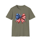 Watercolor American Flag Bow 4th of July Graphic Tee Stars Stripes - Patriotic Coquette T-Shirt