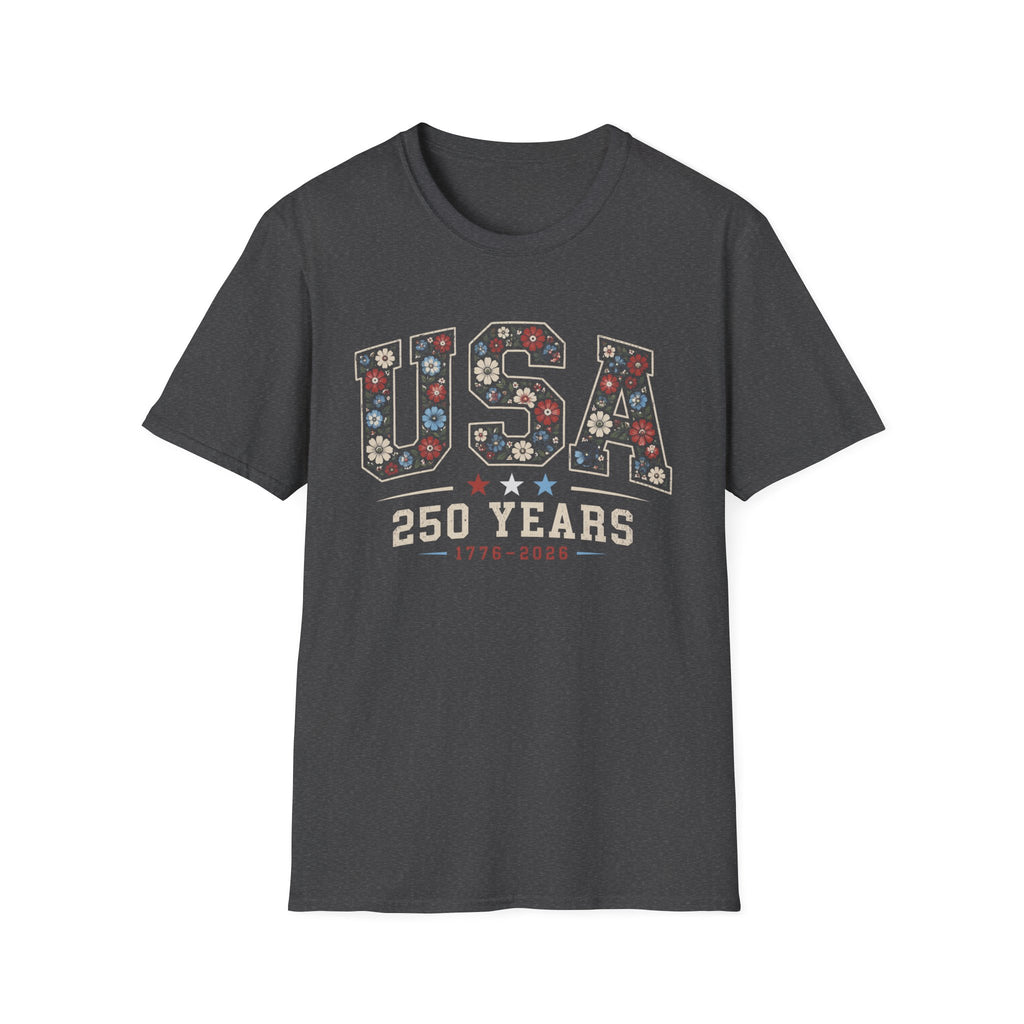 USA 250 Years T-Shirt | Semiquincentennial Patriotic Floral Graphic Tee, 1776 2026 Varsity Block Lettering Top
