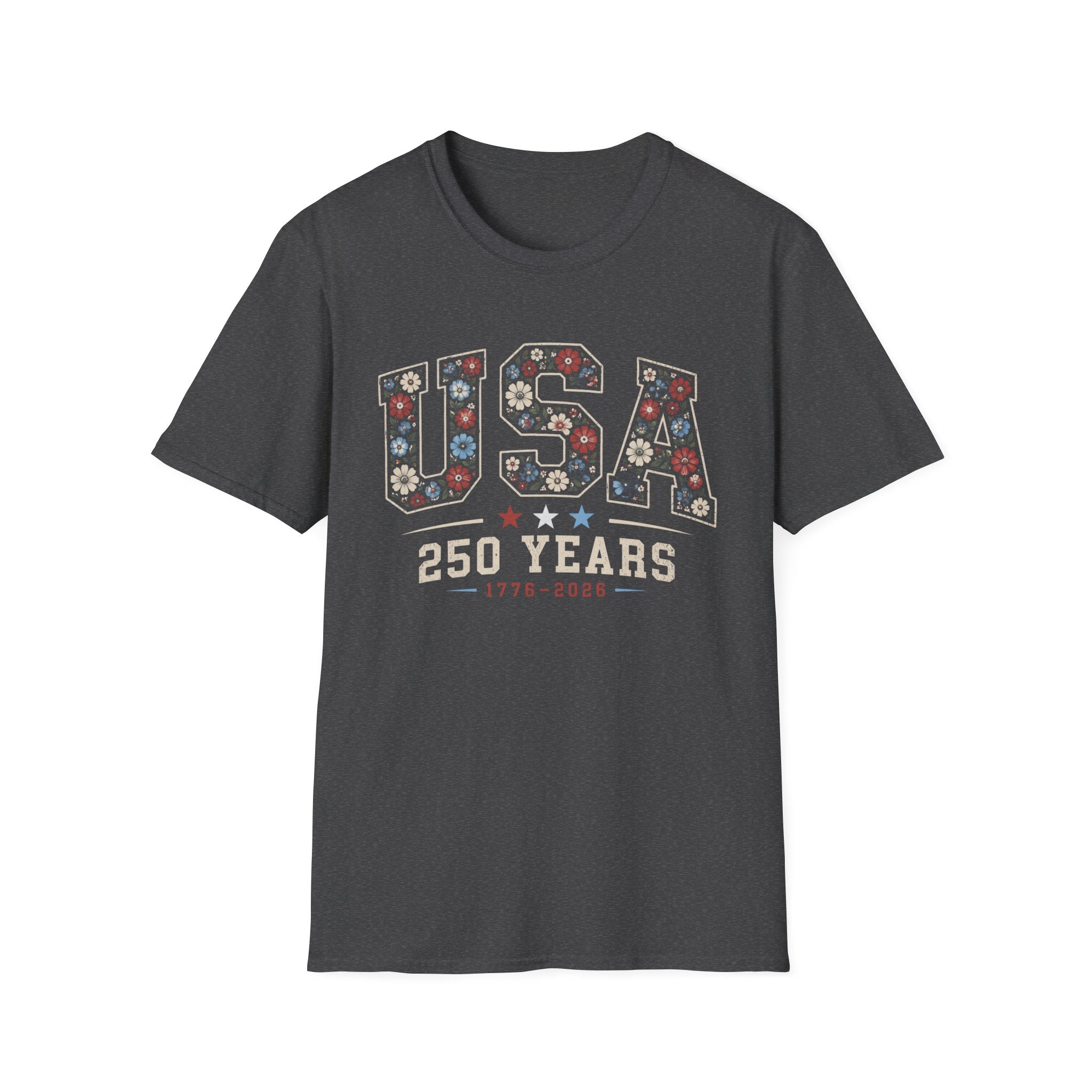 USA 250 Years T-Shirt | Semiquincentennial Patriotic Floral Graphic Tee, 1776 2026 Varsity Block Lettering Top