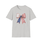 Patriotic American Flag Bow Tee, USA Pride Graphic Shirt, Fourth of July Outfit, Cute Red White Blue Bow Top