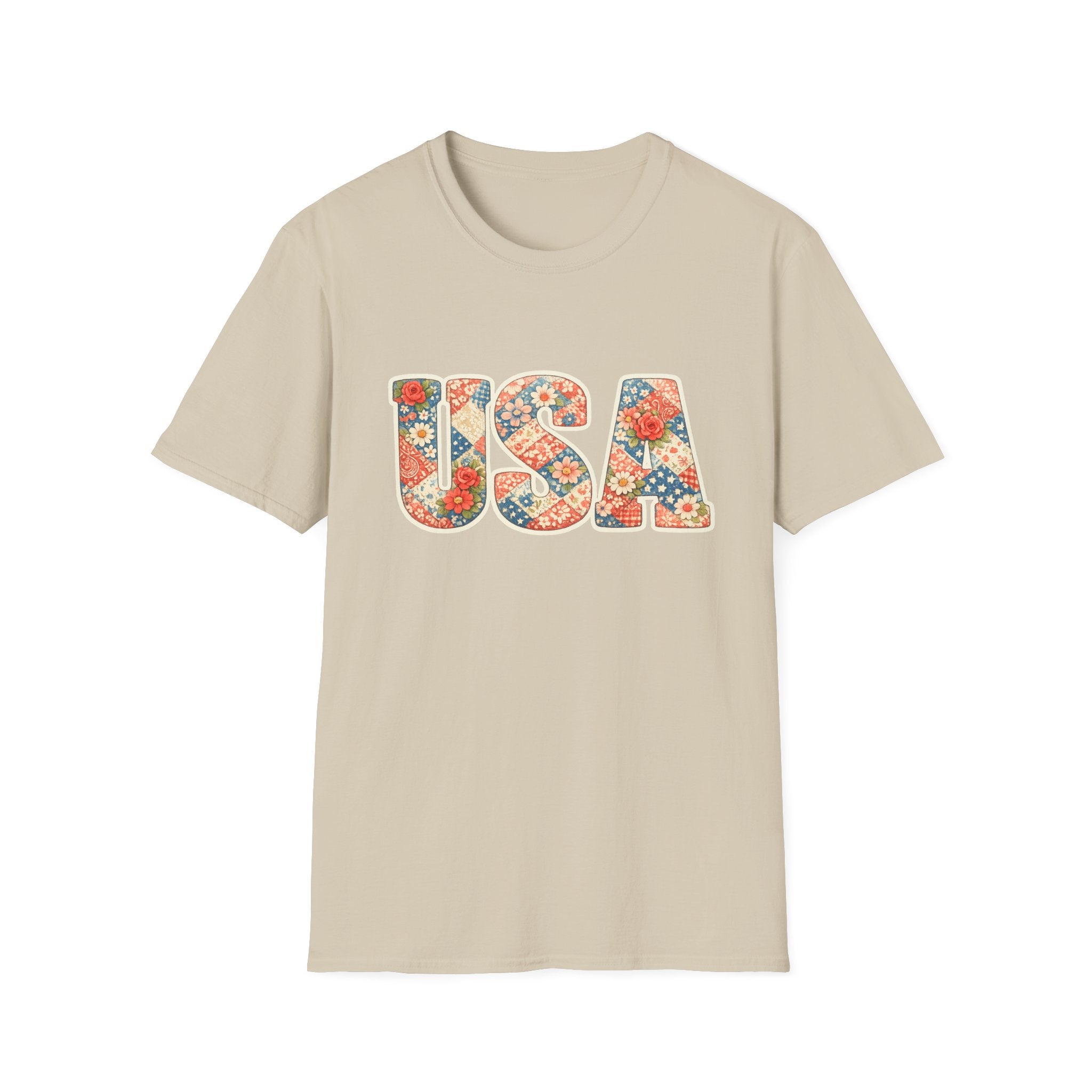 USA Floral Patchwork T-Shirt | Patriotic Block Lettering Graphic Tee, Fourth Of July Vintage Cottagecore Top