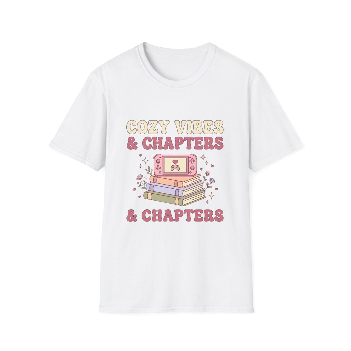 Cozy Vibes & Chapters T-Shirt — Cute Gamer + Booklover Graphic Tee