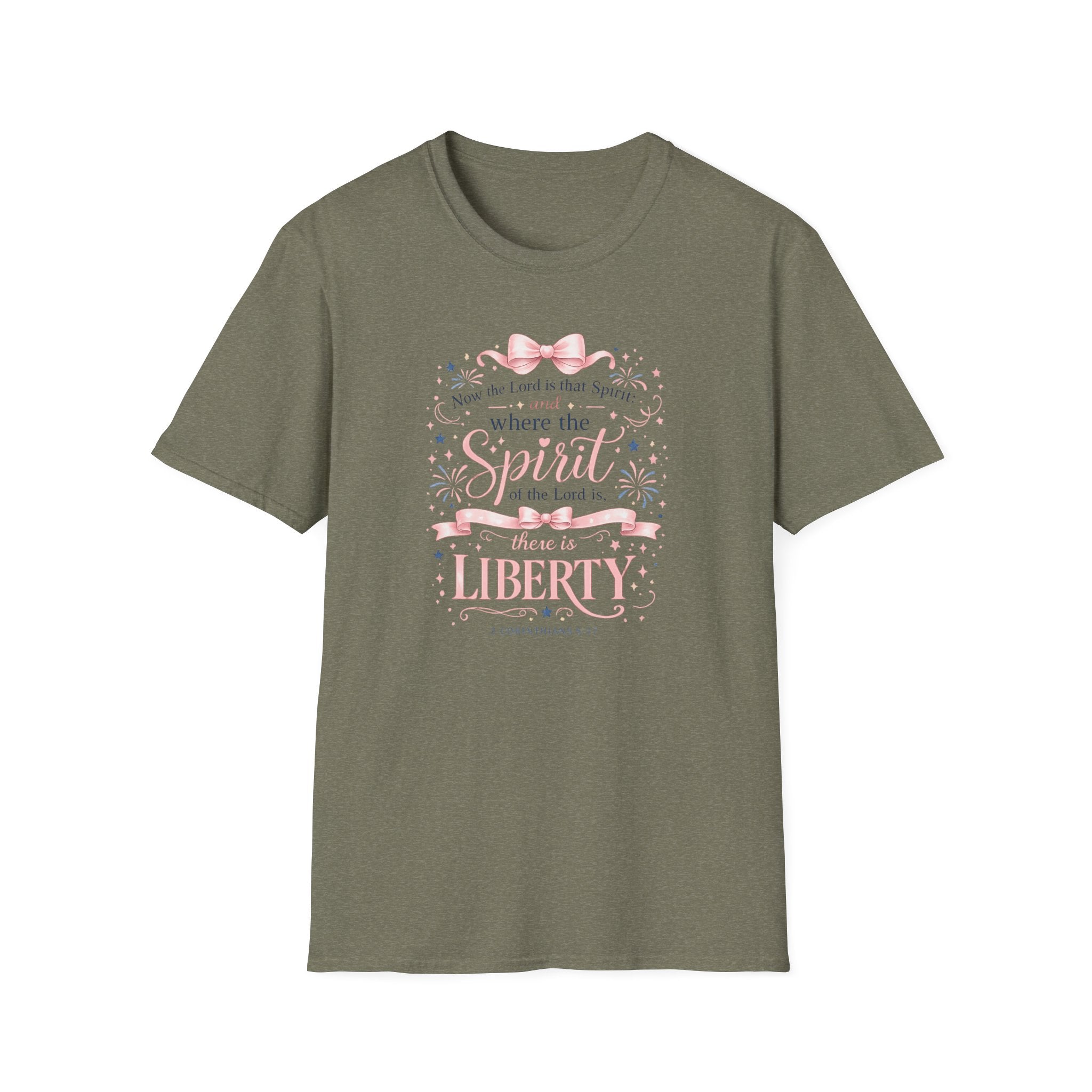 Where The Spirit Of The Lord Is Liberty T-Shirt | Christian Bible Verse Graphic Tee, Pink Coquette Ribbon Bow Top