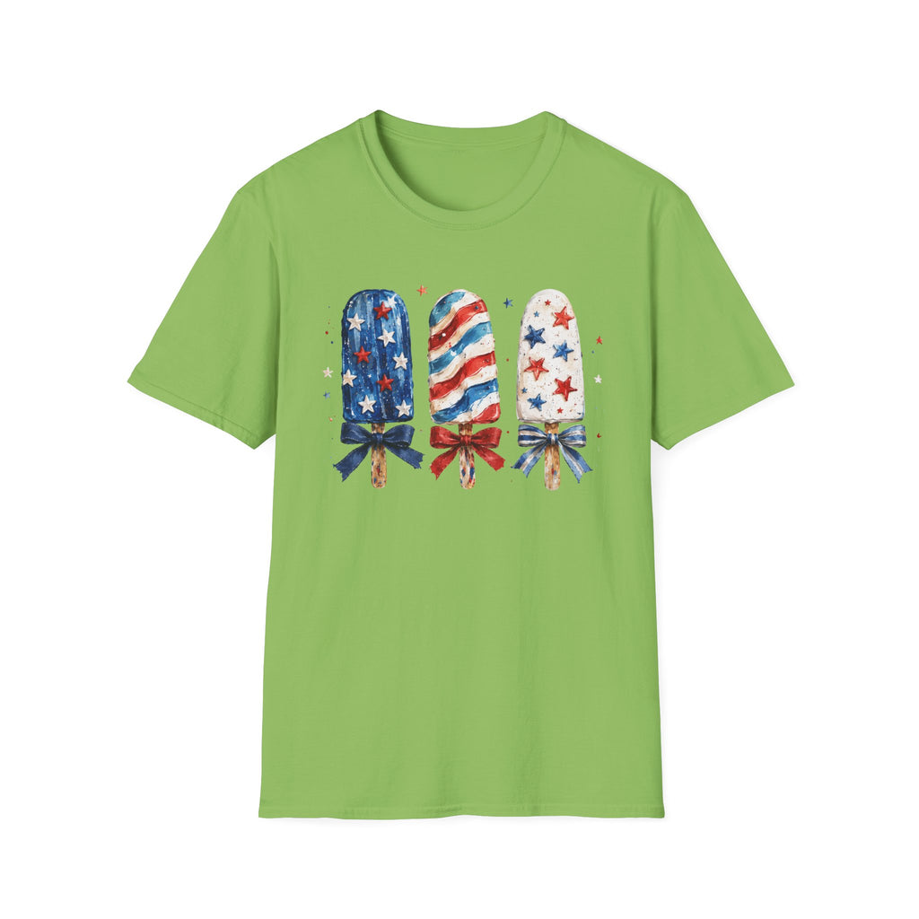 Patriotic Popsicle T-Shirt, Watercolor 4th of July Ice Cream Bow Tee, Cute Summer America Popsicle Shirt, Stars Stripes Coquette Bow Treat Gift Women