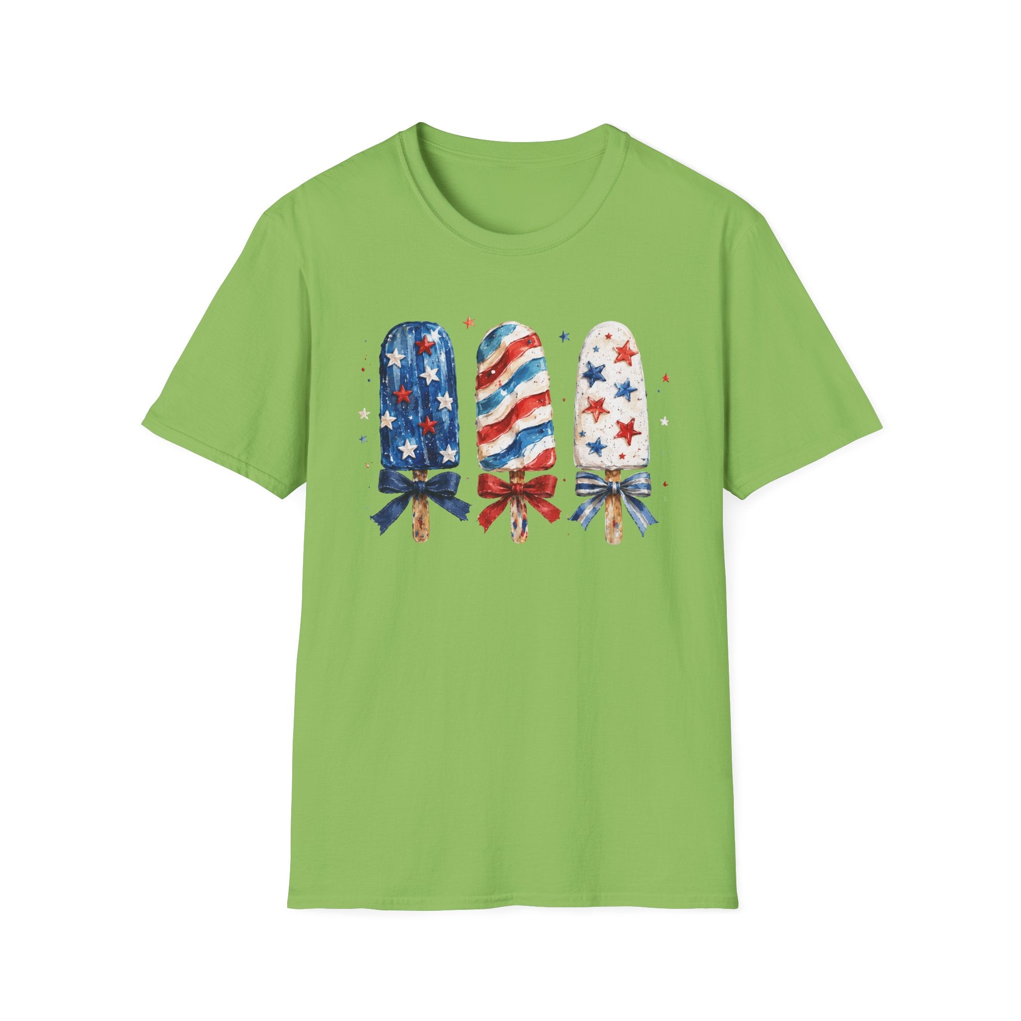 Patriotic Popsicle T-Shirt, Watercolor 4th of July Ice Cream Bow Tee, Cute Summer America Popsicle Shirt, Stars Stripes Coquette Bow Treat Gift Women