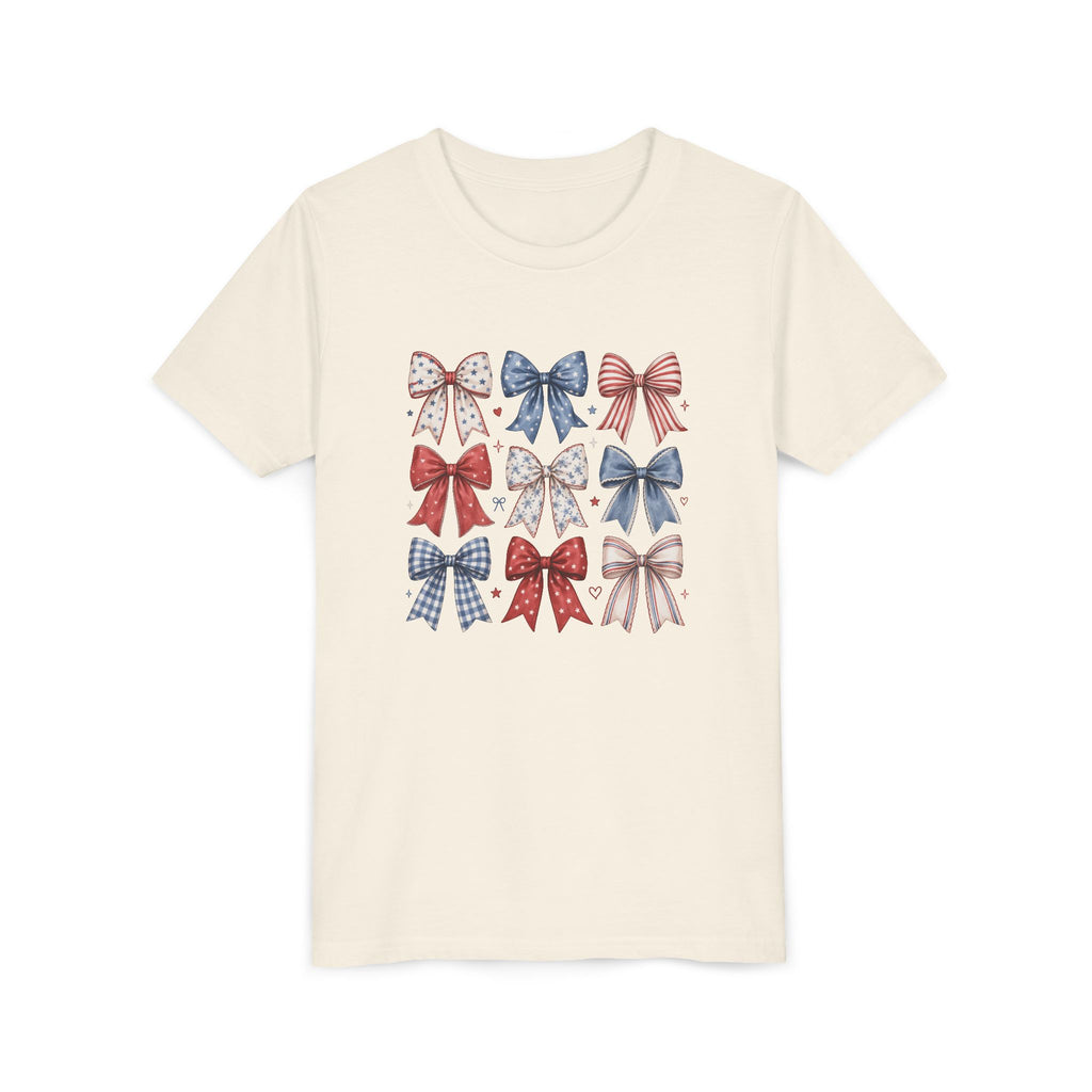 Patriotic Bow Grid Tee, Red Blue Checkered Ribbon Shirt, Cute USA Graphic Top, Fourth of July Celebration Outfit Youth Short Sleeve Tee