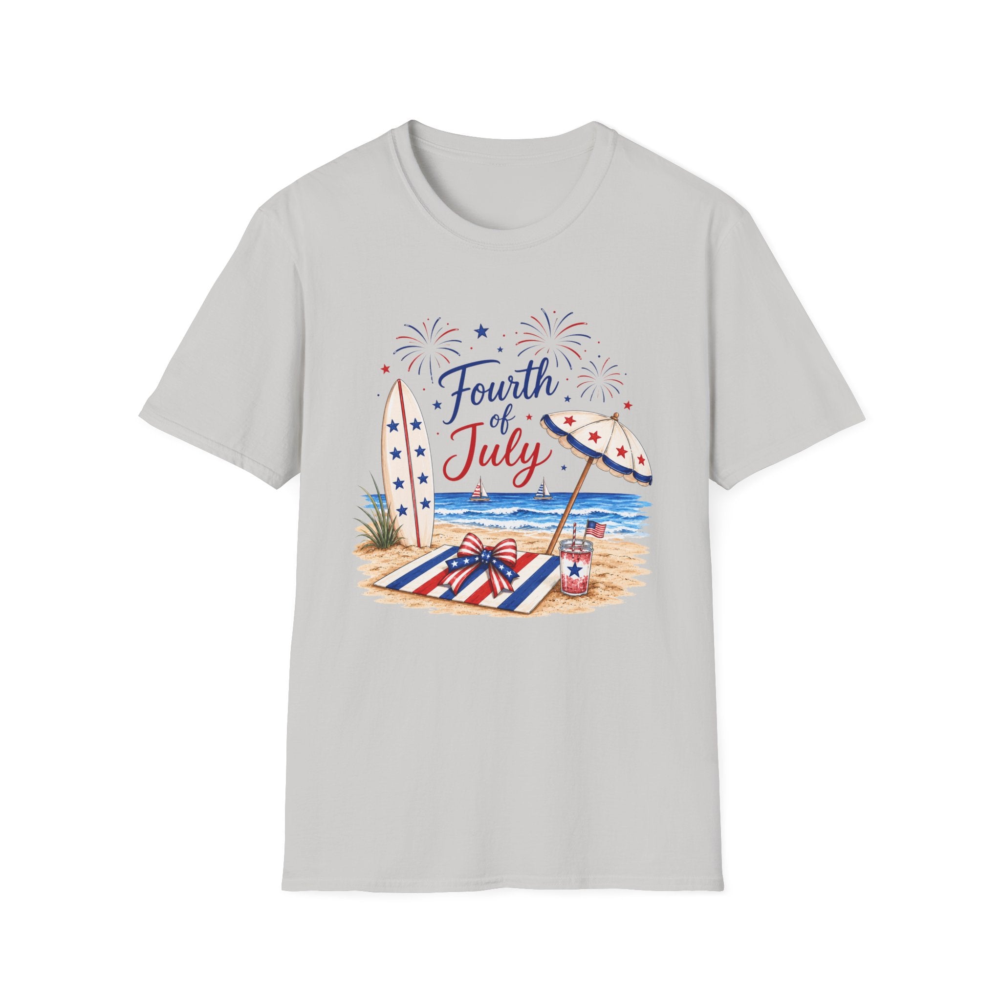 Fourth of July Beach Scene T-Shirt, Patriotic Summer Ocean Surfboard Tee, 4th of July Beach Vacation Shirt, Fireworks Umbrella Surfboard America