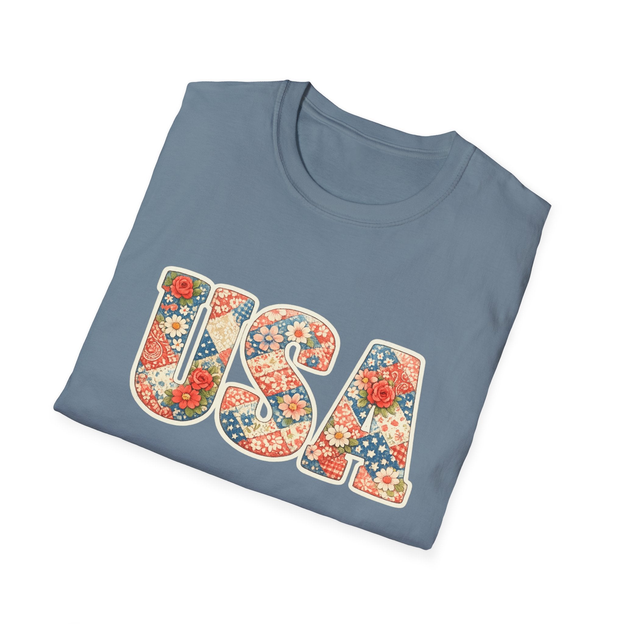 Quilted Patchwork USA T-Shirt, Vintage Floral Rose Daisy America Tee, Cottagecore Patriotic Letter Shirt, 4th of July Grandma Quilt Style