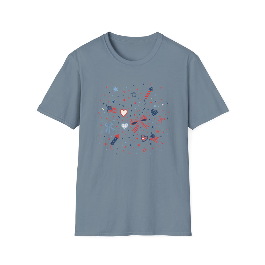 Patriotic Doodle Collage T-Shirt, Cute 4th of July Bow Heart Flag Confetti Tee, Whimsical Festive America Shirt, Coquette Patriotic Icon Scatter Gift