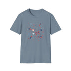 Patriotic Doodle Collage T-Shirt, Cute 4th of July Bow Heart Flag Confetti Tee, Whimsical Festive America Shirt, Coquette Patriotic Icon Scatter Gift