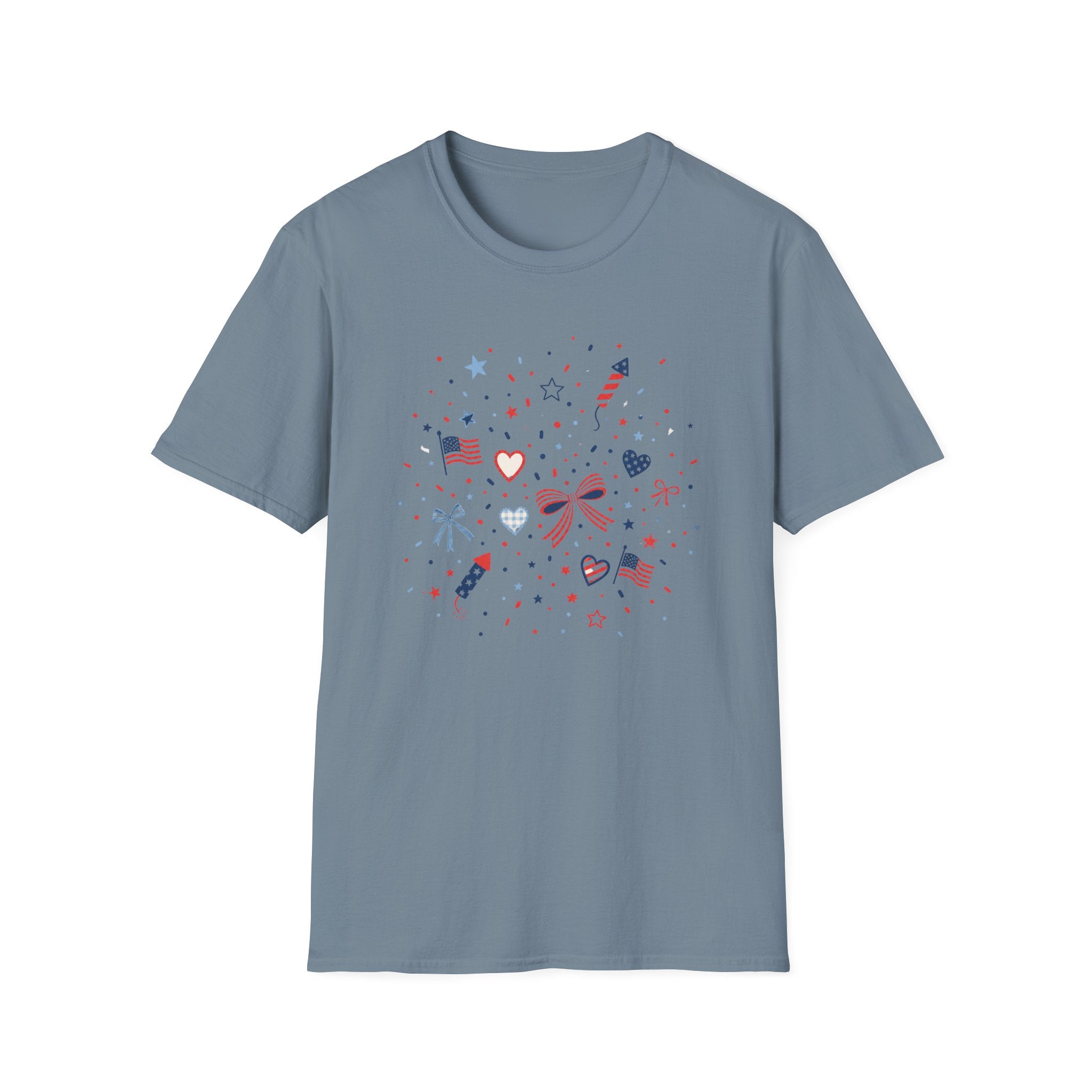 Patriotic Doodle Collage T-Shirt, Cute 4th of July Bow Heart Flag Confetti Tee, Whimsical Festive America Shirt, Coquette Patriotic Icon Scatter Gift