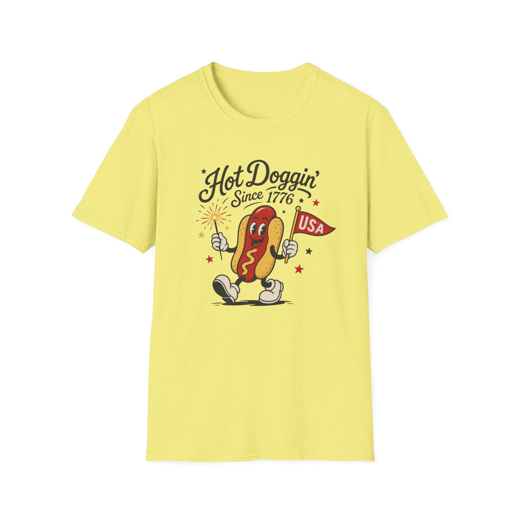 Hot Doggin Since 1776 Tee, Patriotic USA Hot Dog Shirt, Fun Red White Blue Graphic Top, Fourth of July Celebration Outfit Unisex Softstyle T-Shirt
