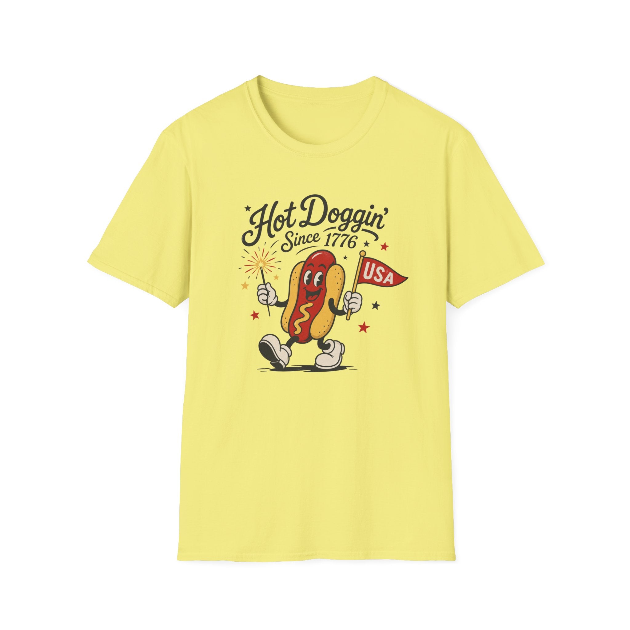 Hot Doggin Since 1776 Tee, Patriotic USA Hot Dog Shirt, Fun Red White Blue Graphic Top, Fourth of July Celebration Outfit Unisex Softstyle T-Shirt
