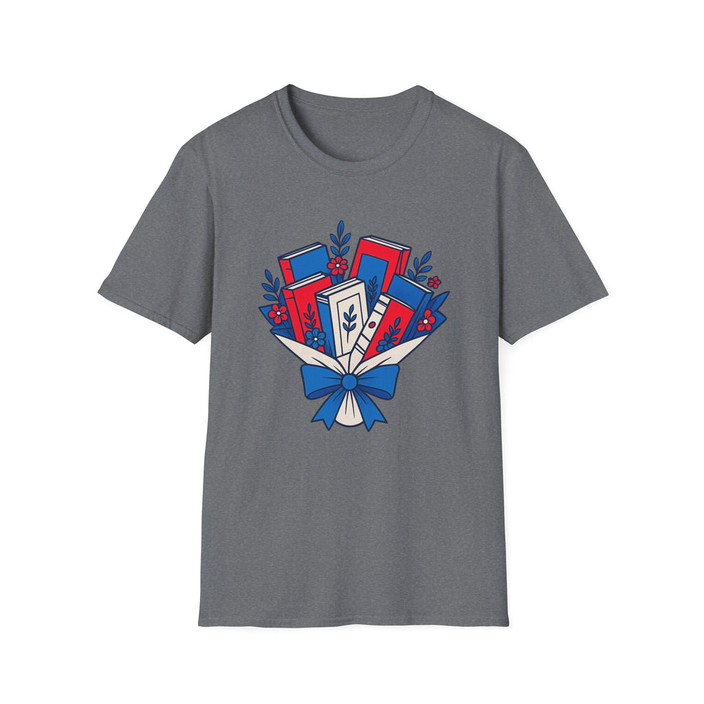 Patriotic Book Bouquet T-Shirt | Fourth Of July Librarian Graphic Tee, Red Blue Reader Ribbon Top