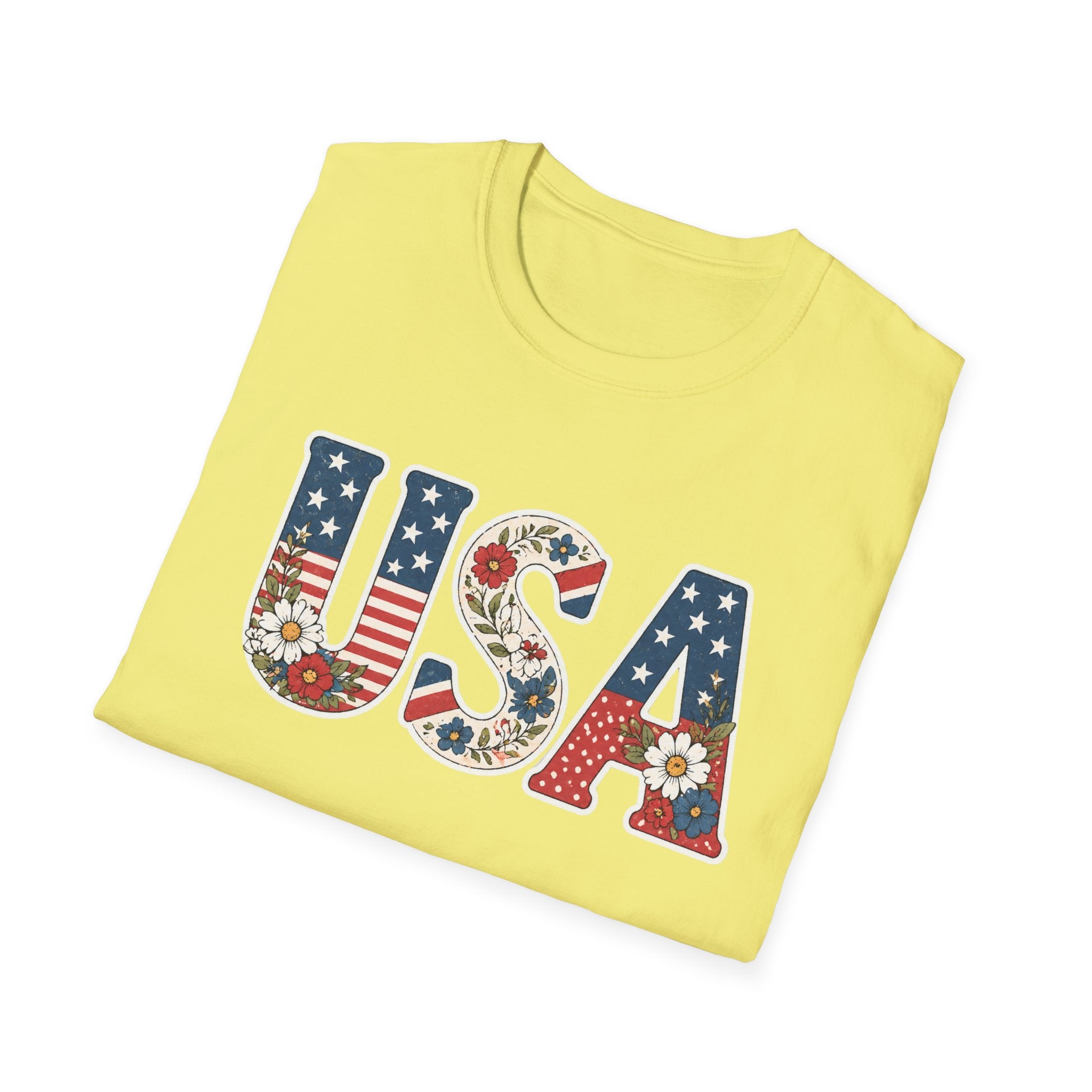 USA Patriotic Floral T-Shirt | American Flag Block Lettering Graphic Tee, Fourth Of July Vintage Cottagecore Top